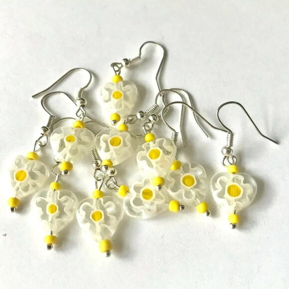 Vintage Murano Millefiori Heart Glass Earrings Bead Yellow White Silver Plated - Picture 6 of 10